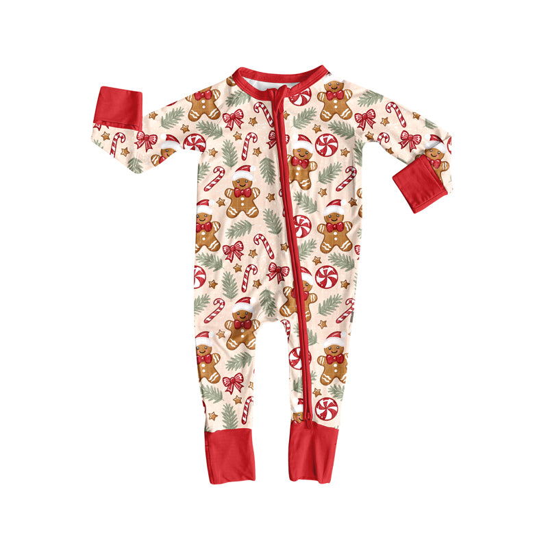 Preorder (moq 5)Baby Girls Red Long Sleeves Gingerbread Candy Cane Zipper Rompers