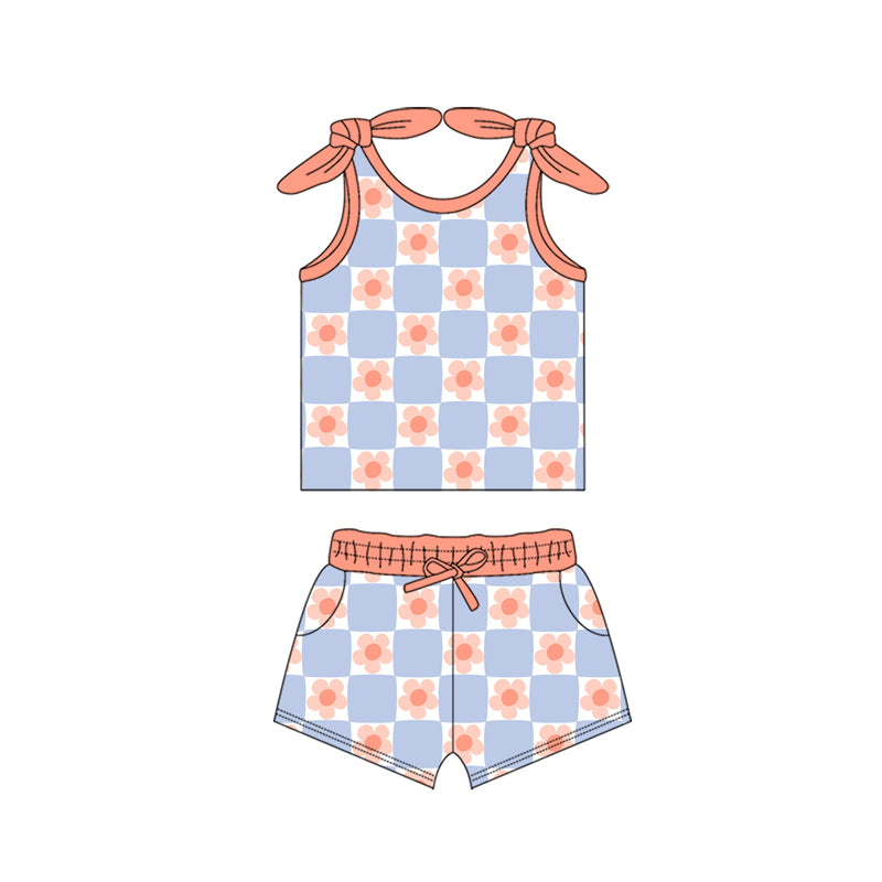 Preorder moq 5 Baby Girls Bows Sleeveless Peach Flowers Top Pockets Short Set