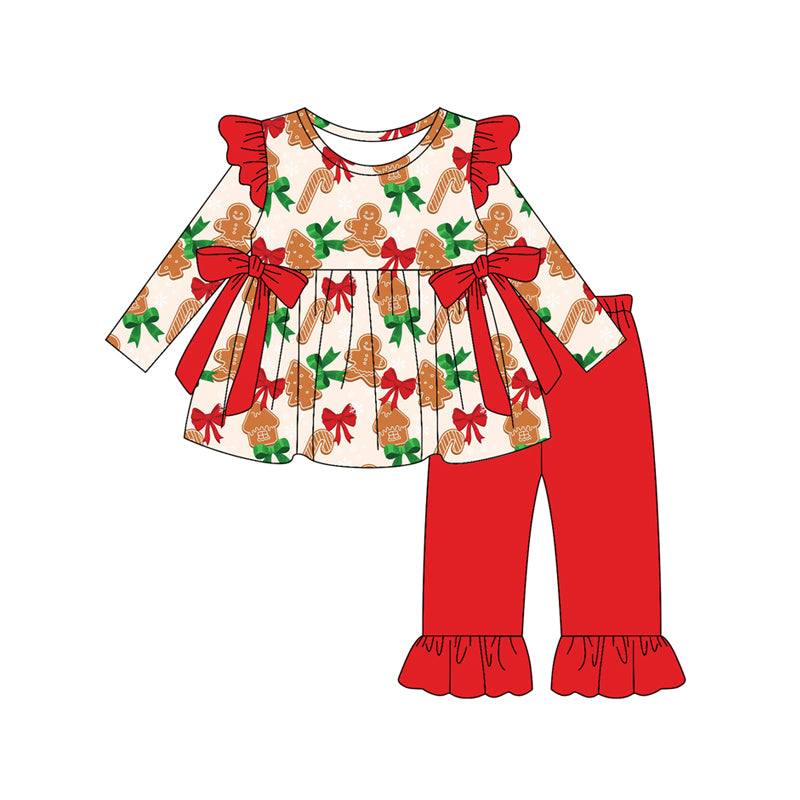 Preorder (moq 5)Baby Girls Long Sleeves Bows Gingerbread Tunic Ruffle Pant Set