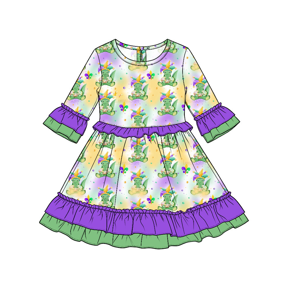 Preorder moq5 Girls’ Mardi Gras Ruffle Long-Sleeve Dress, Cute Dinosaur Print Holiday Party Dress