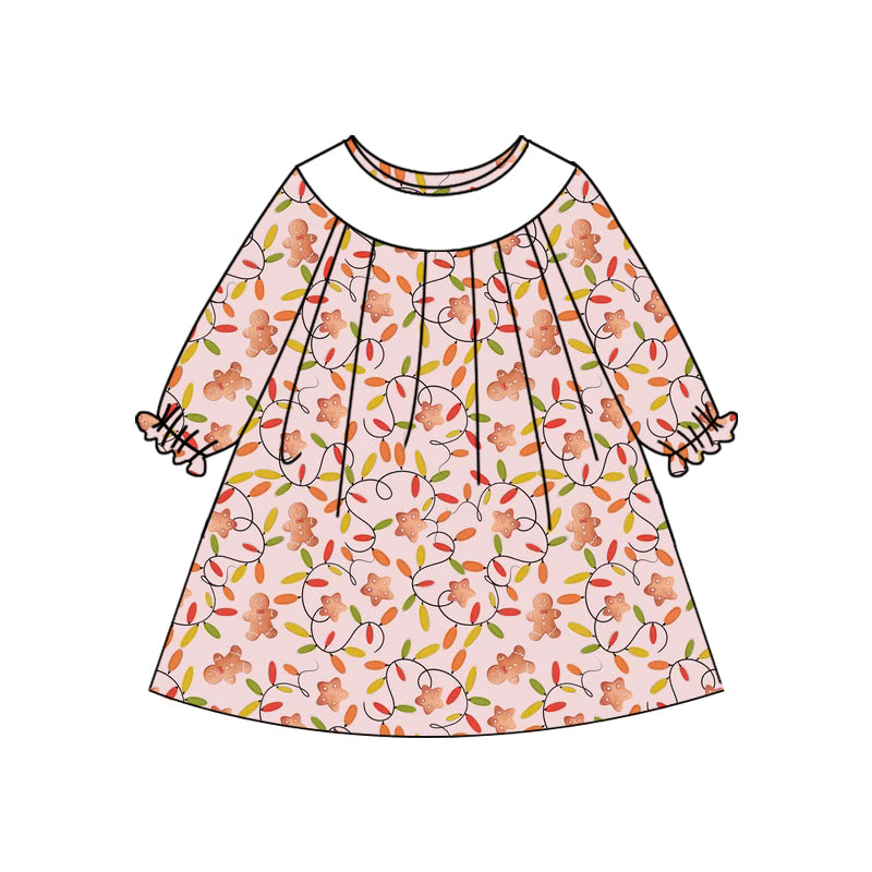 Preorder (moq 5)Baby Girls Pink Long Ruffle Sleeves Lights Gingerbread Plaid Knee Length Dresses