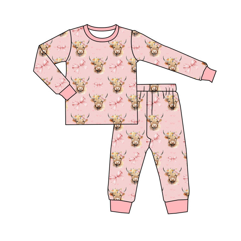 Preorder (moq 5)Baby Girls Pink Bows Highland Cows Top Pants Western Pajamas Sets
