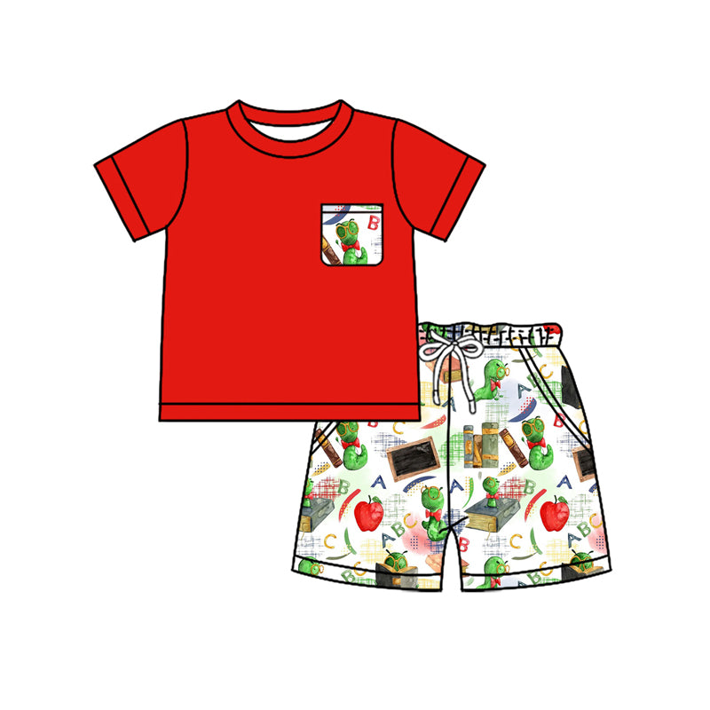 Preorder (moq 5)Baby Boys Red Short Sleeves Pocket Top Caterpillar Apples Short Clothes Sets