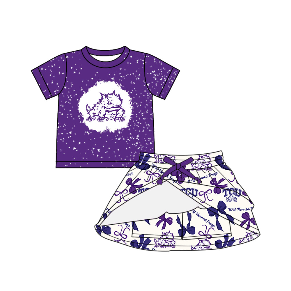 Preorder (moq 5)Baby Girls Purple Short Sleeves TCU Top Bows Plaid Skort Team Set