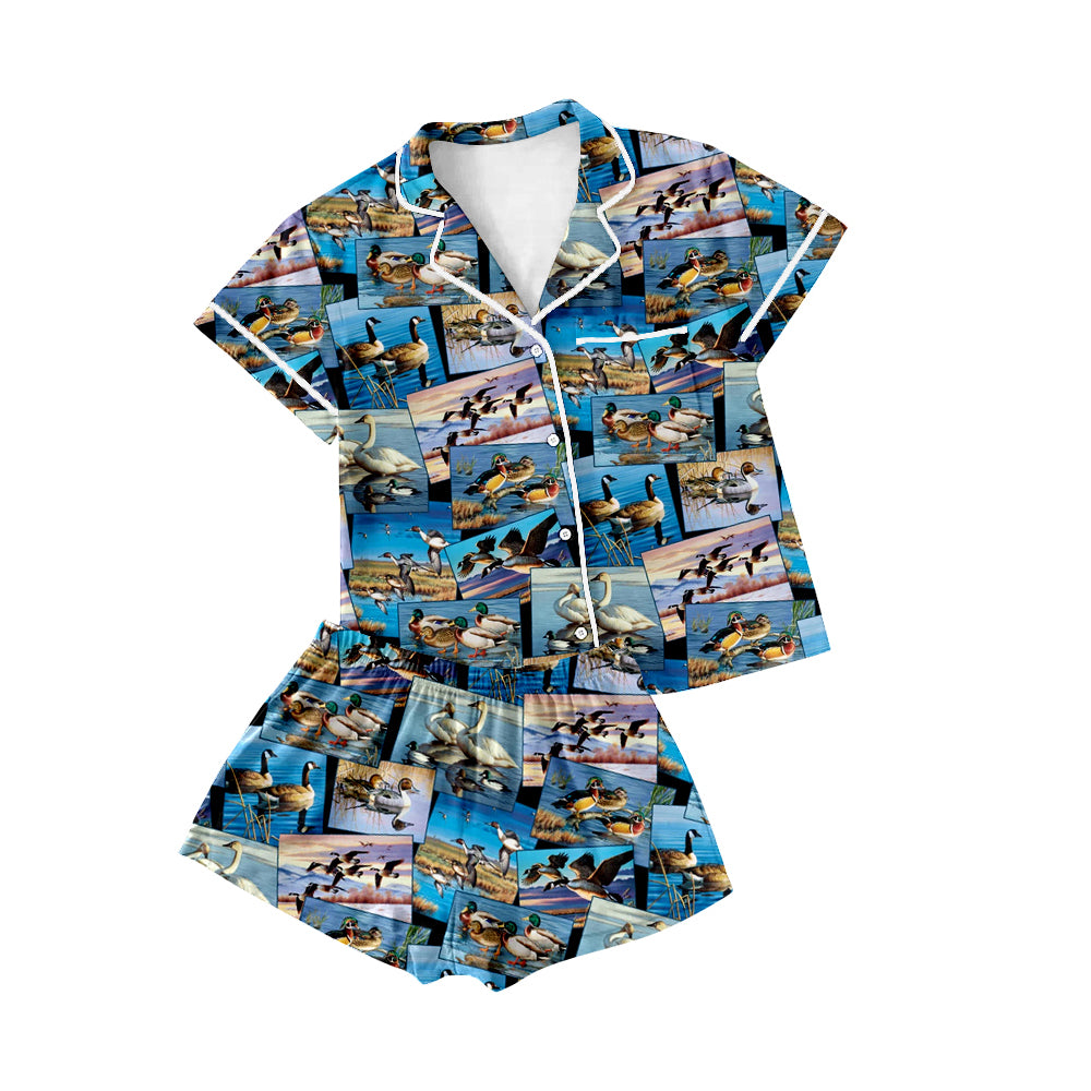 Preorder(moq 5)Adult Women Duck Hunting Lapel Button Tee Shirts Shorts Pajamas Sets