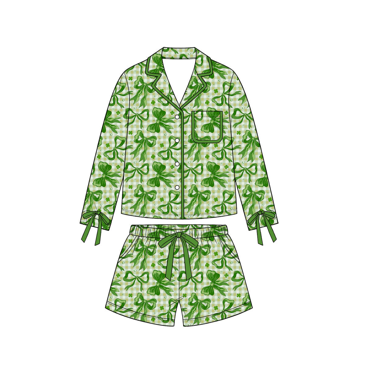 Preorder moq5 Women’s Green Long-Sleeve Collared Bow Top & Elastic-Waist Shorts Pajama Set