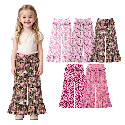 Preorder (moq 5) Baby Girl Clothes Pink Tree Branch Camo Mixed Print Long Waist Ruffle Bell Bottom Pants