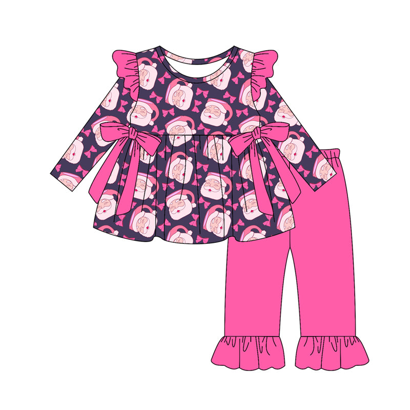 Preorder(moq 5) Baby Girls Pink Santa Bows Plaid Tunic Ruffle Pants Christmas Set
