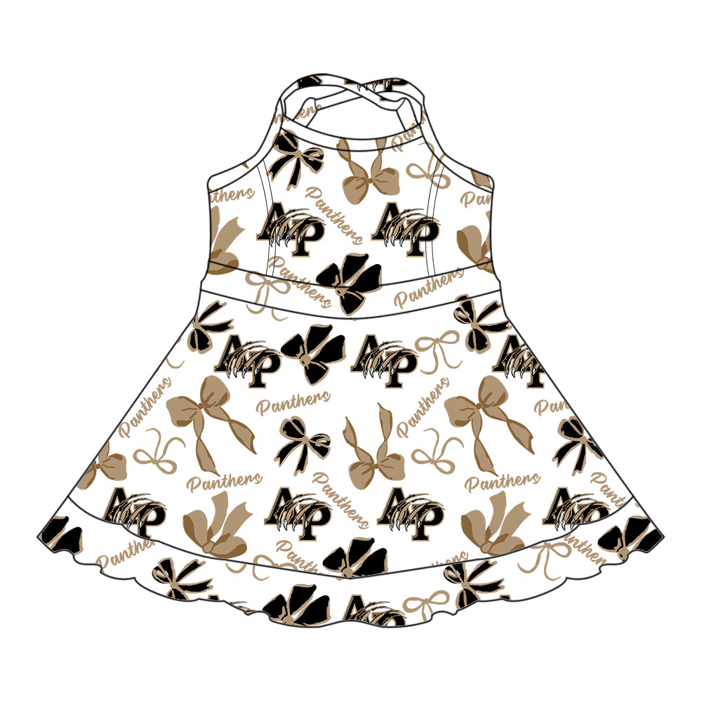 Preorder (moq 5)Baby Girls Brown Strap AP Bows Plaid Shorts Ruffle Team Knee Length Dresses