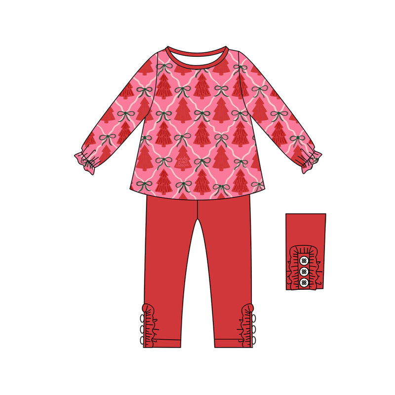 Preorder (moq 5)Baby Girls Long Ruffle Sleeves Red Bows Trees Plaid Tunic Legging Pant Sets