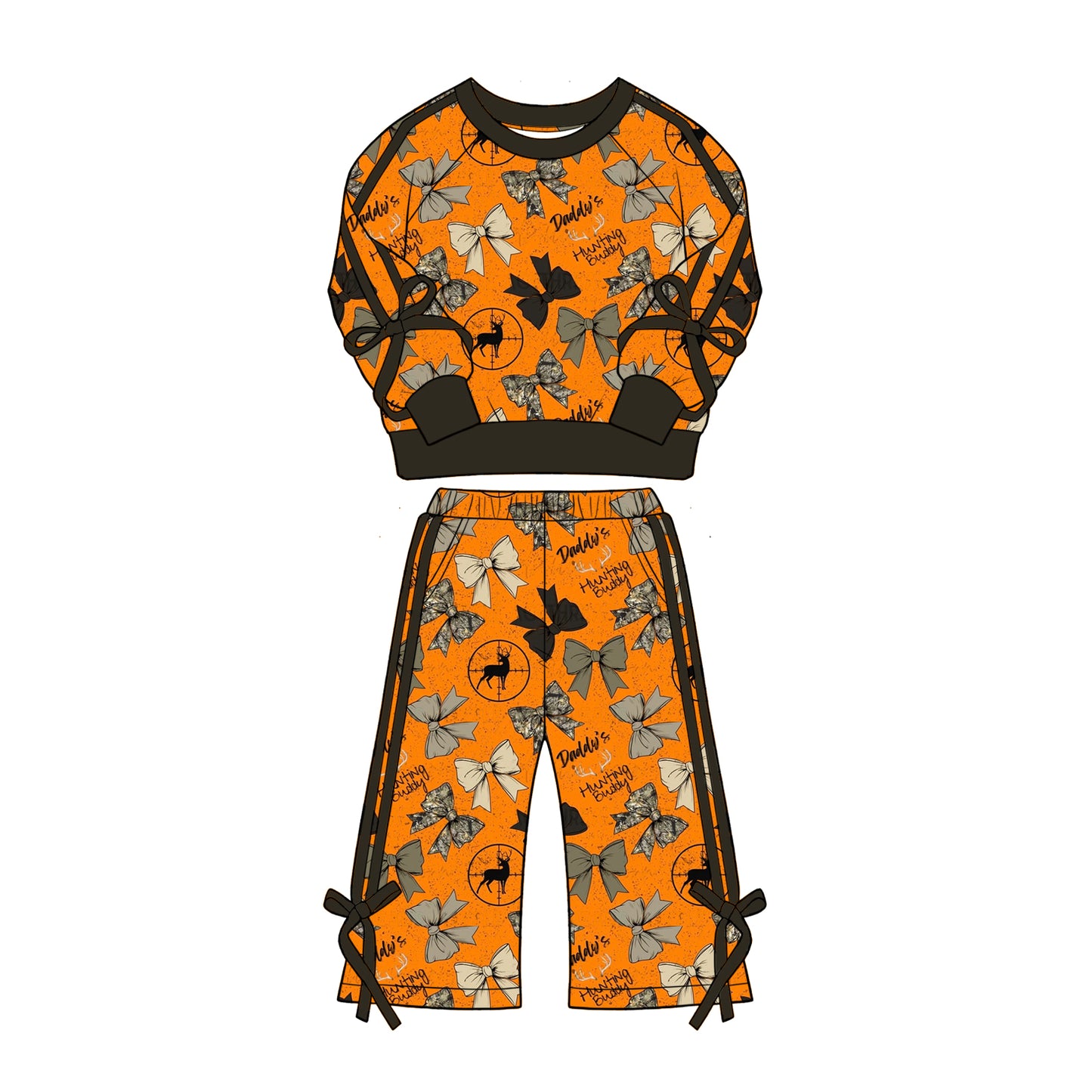 Preorder (moq 5)Baby Girls Bows Deer Top Pockets Flare Pants Hunting Clothes Sets