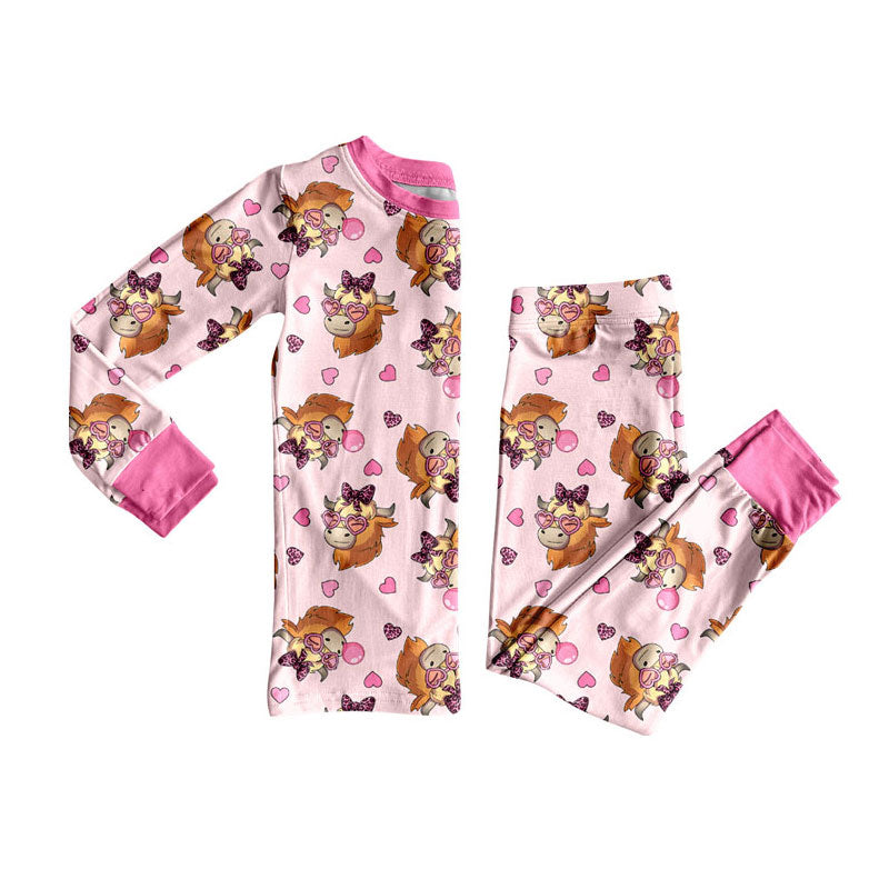 Preorder(moq 8)Baby Girls Pink Hearts Highland Cows Top Pant Valentine Pajamas Sets