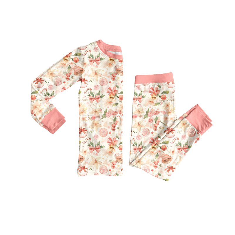 Preorder (moq 5)Baby Girls Peach Long Sleeves Bows Trees Top Pant Pajamas Sets
