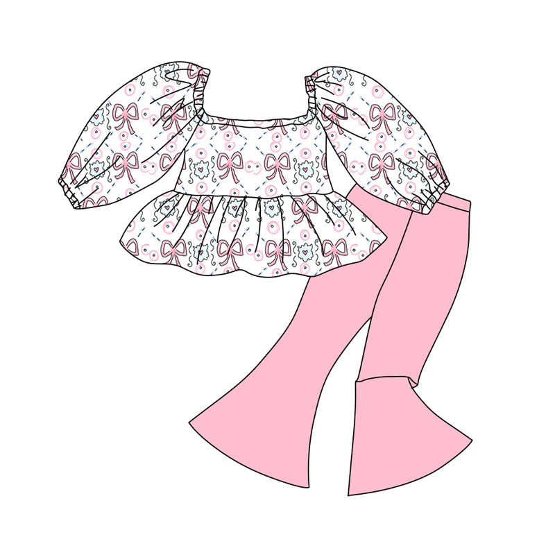 Preorder (moq 5)Baby Girls Flowers Hearts Ruffle Tunic Bell Bottom Pants Valentines Clothes Sets