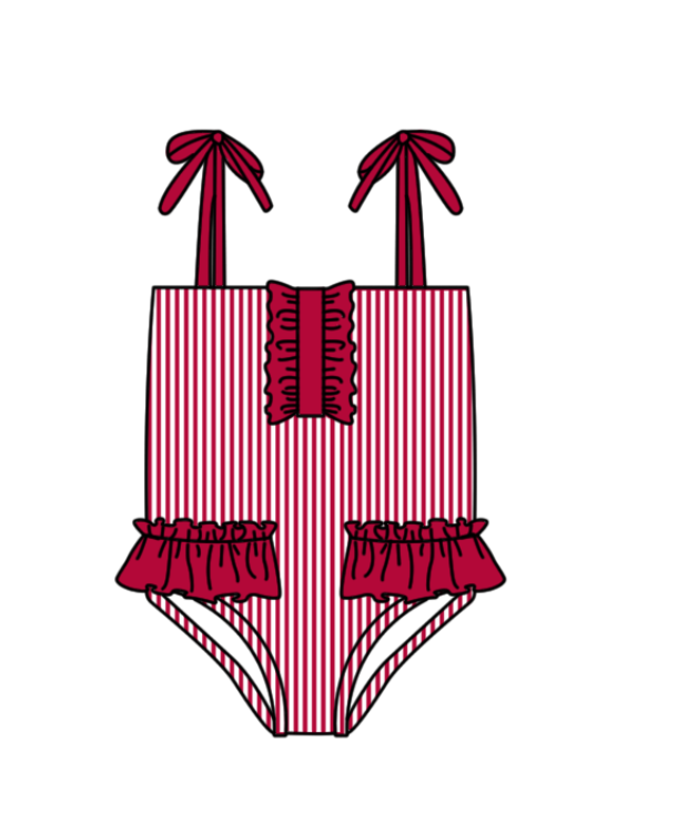 Preorder moq 5 Baby Girls Strap Red Stripe Team Swimsuits