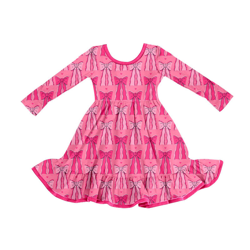 Preorder (moq 5)Baby Girls Hot Pink Bows Valentine Ruffle Knee Length Dresses