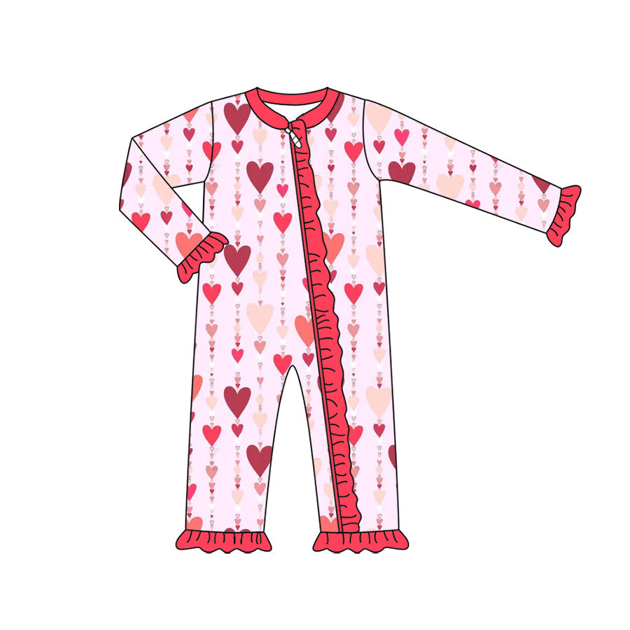 Preorder (moq 5) Baby Girl Clothes Valentine Multi Red Heart Print Long Sleeve Zipper Ruffle Romper