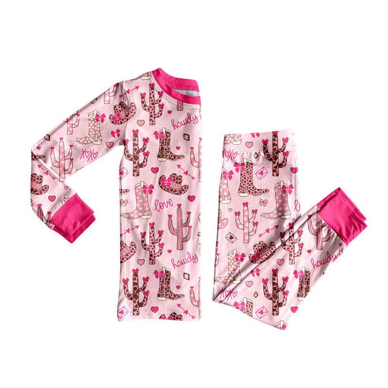 Preorder(moq 8)Baby Girls Long Sleeve Hearts Boots Cactus Top Pants Pajamas Sets
