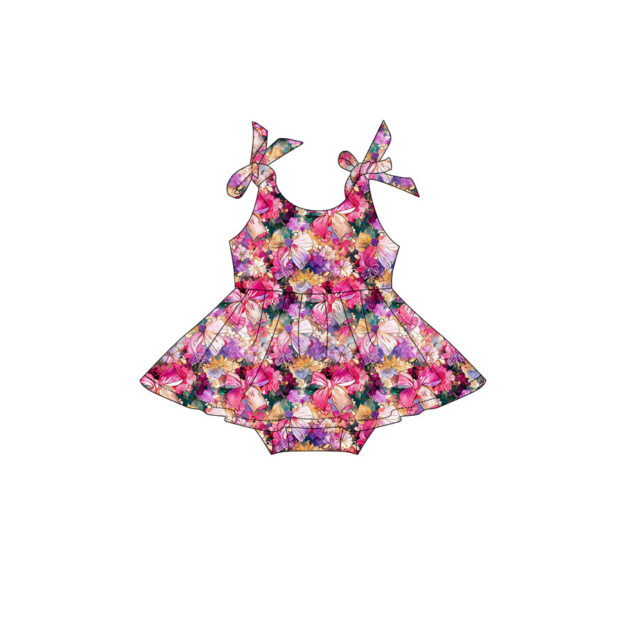 Preorder (moq 5)Baby Girls Strap Colorful Bows Flowers Tunic Ruffle Rompers