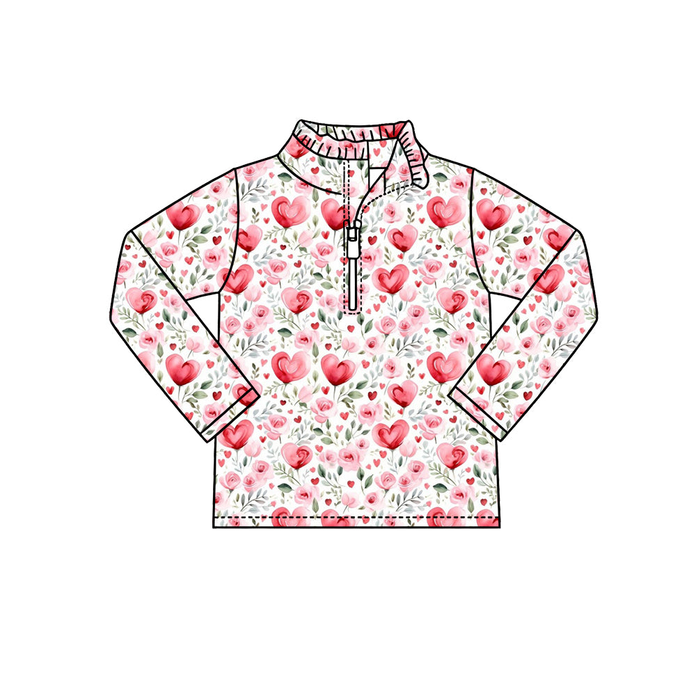 Preorder (moq 5) Baby Girl Clothes Watercolor Red Heart Floral Allover Print Long Sleeve Half Zip Top