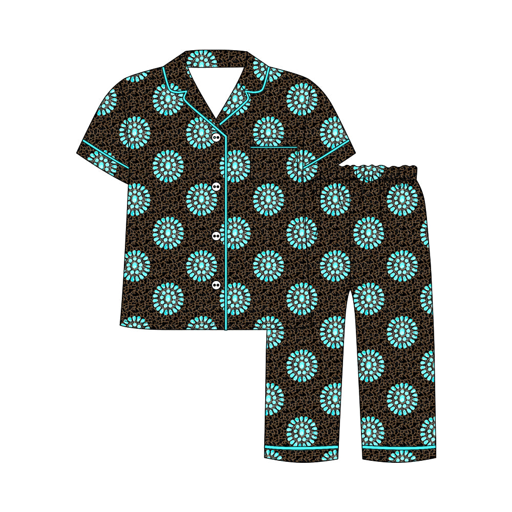 Preorder moq 5 Adult Short Sleeve Camo Turquoises Button Pockets Top Pants Western Pajamas Sets
