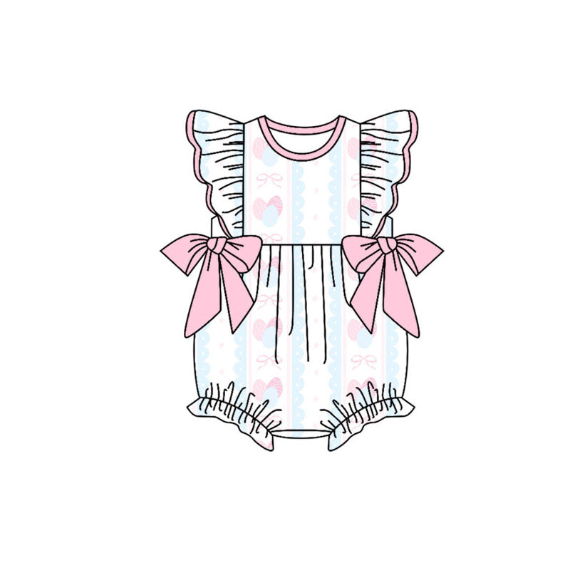 Preorder (moq 5)Baby Girls Eggs Bows Stripes Flutter Sleeve Bows Easter Ruffle Rompers
