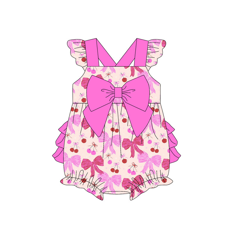 Preorder (moq 5)Baby Girls Hot Pink Flutter Sleeves Colorful Bows Ruffle Bubble Rompers