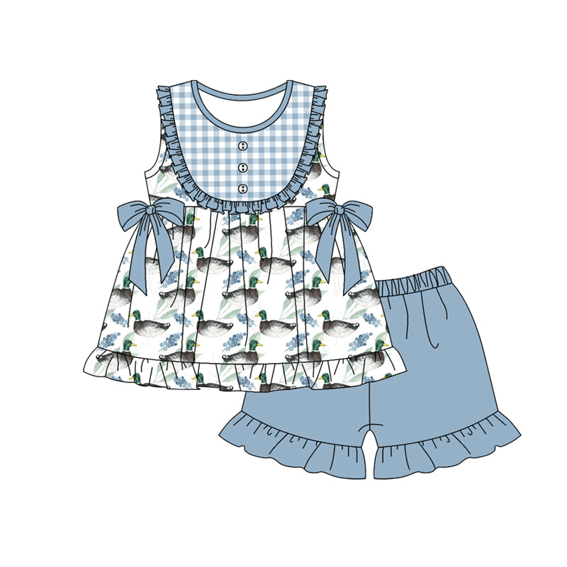 Preorder (moq 5)Baby Girls Sleeveless Blue Ducks Bows Button Tunic Ruffle Shorts Sets