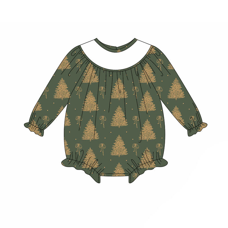Preorder (moq 5)Baby Girls Green Bows Trees Christmas Ruffle Rompers