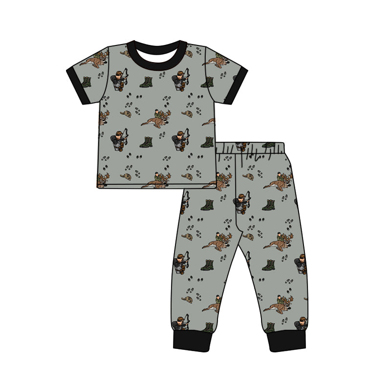 Preorder (moq 5)Baby Boys Short Sleeves Dark Gray Hunting Top Pant Pajamas Set