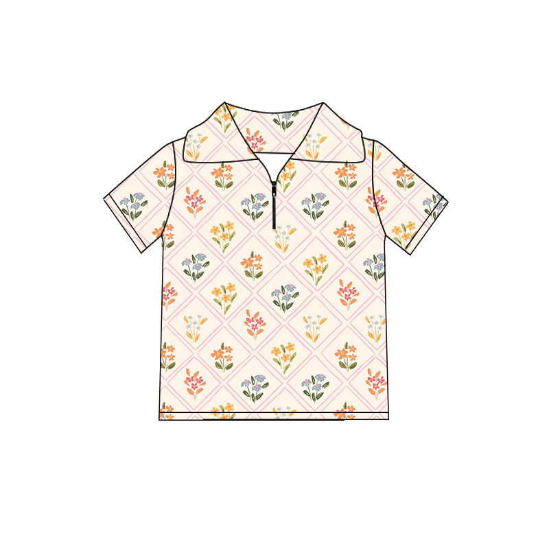 Preorder (moq 5)Baby Girls Colorful Flowers Checked Zip Pullovers Top