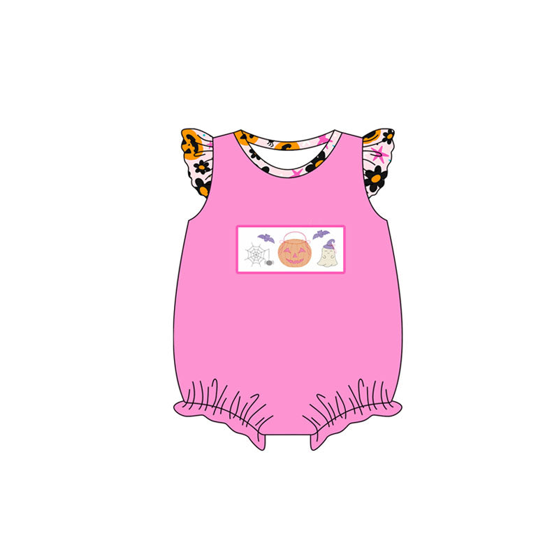 Preorder (moq 5)Baby Girls Pink Flutter Sleeves Ghost Pumpkins Bats Ruffle Rompers