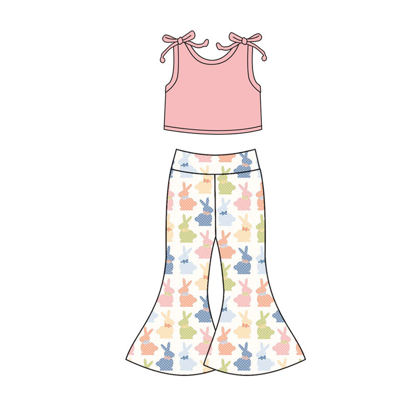 Preorder(moq 5) Baby Girls Peach Top Colorful Rabbits Bell Bottom Pants Easter Clothes Sets