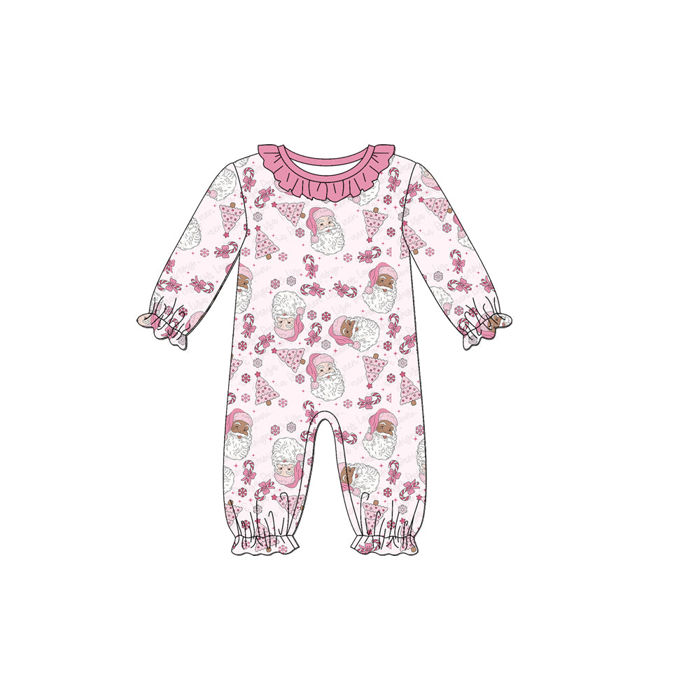 Preorder (moq 5)Baby Girls Long Sleeves Pink Santa Bows Trees Ruffle Pant Romper