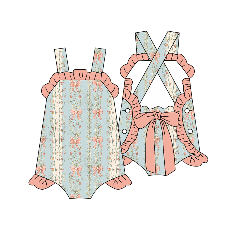 Preorder(moq 5)Baby Infant Girls Green Pink Bows Flowers Summer Straps Rompers