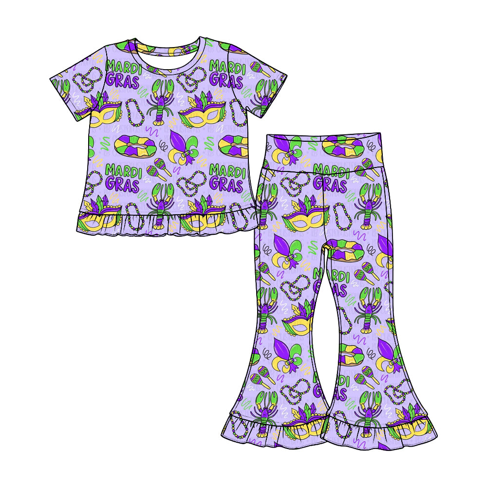 Preorder(moq 5) Girls Ruffle Short Sleeve Top & Ruffle Flare Pants Set Kids Two‑Piece Casual Outfit Set