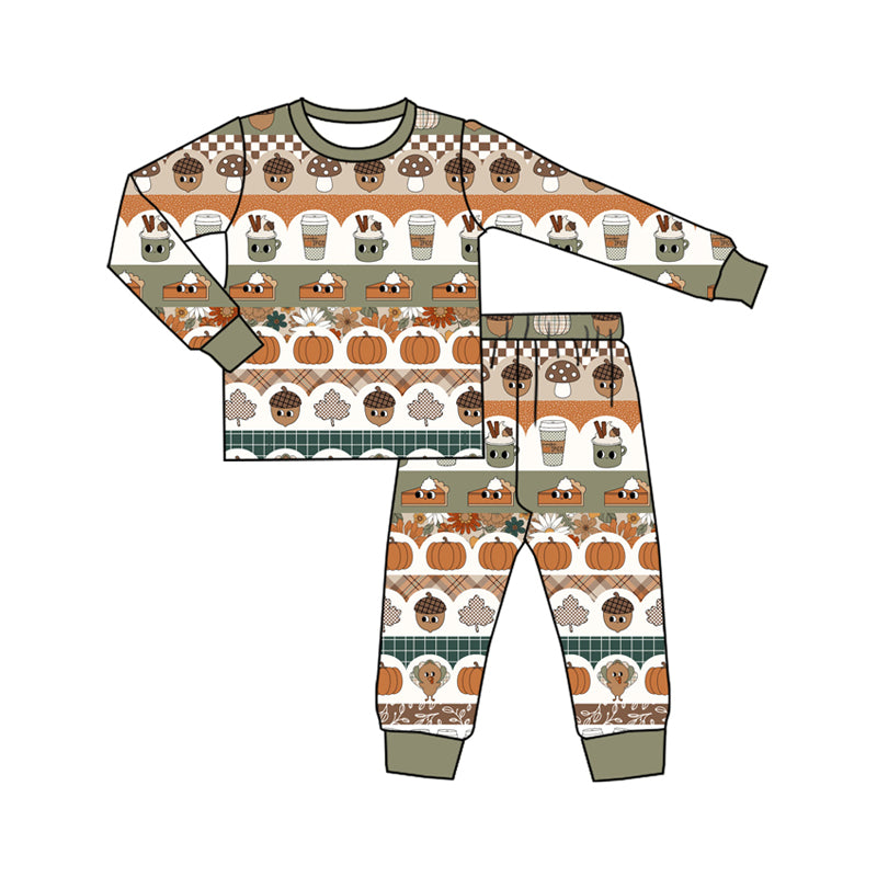 Preorder (moq 5)Baby Boys Green Long Sleeves Cakes Pumpkins Stripe Top Pant Pajamas Set