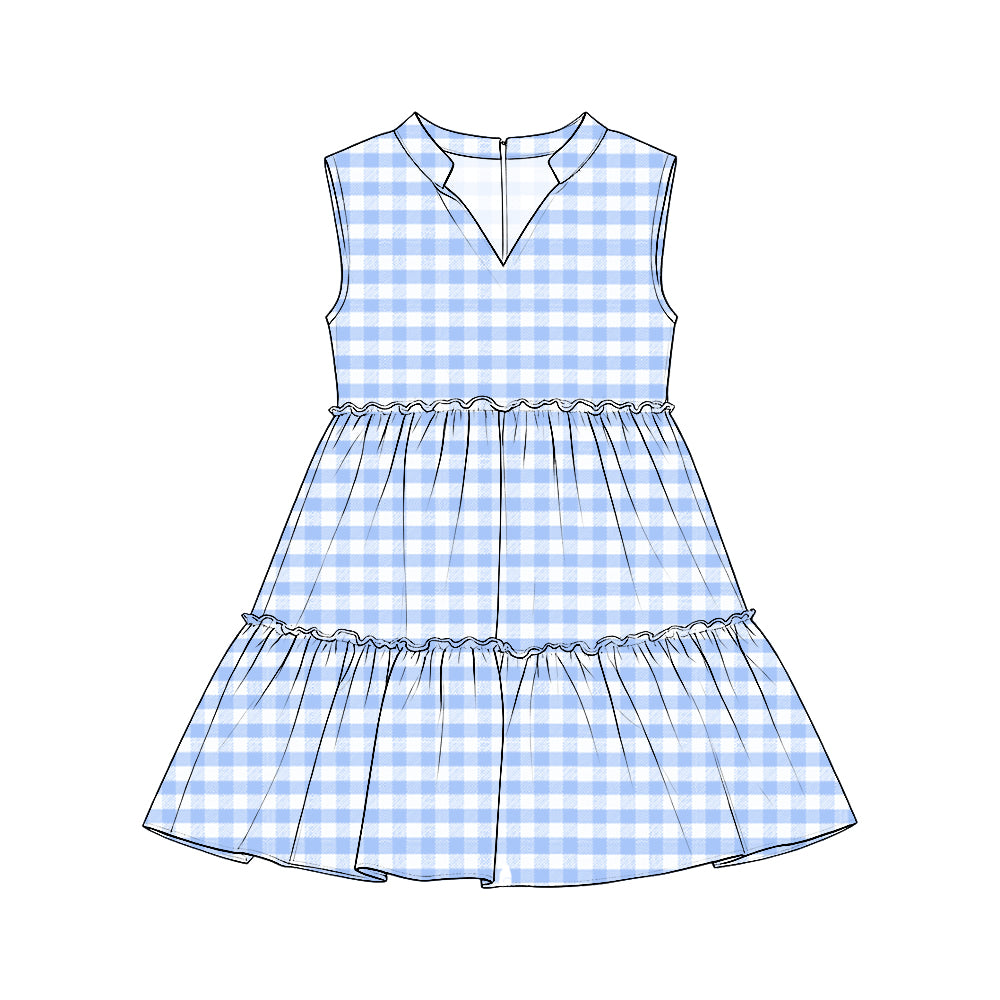 Preorder (moq 5) Girls’ Sleeveless Tiered Dresses, Blue & White Plaid Collared V-Neck Ruffle Dress