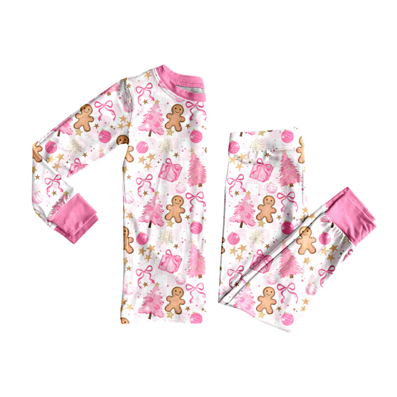 Preorder(moq 5) Baby Girls Christmas Trees Pink Gifts Gingerbread Top Pants Lounge Wear Pajamas Sets