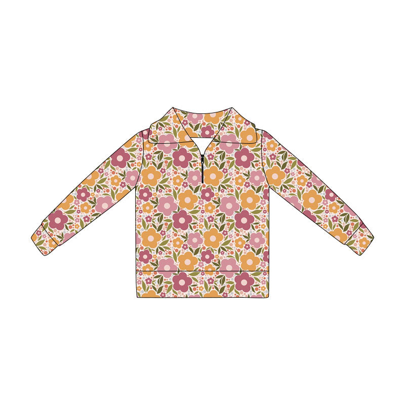 Preorder (moq 5)Baby Girls Long Sleeve Colorful Flowers Zip Pullovers Top