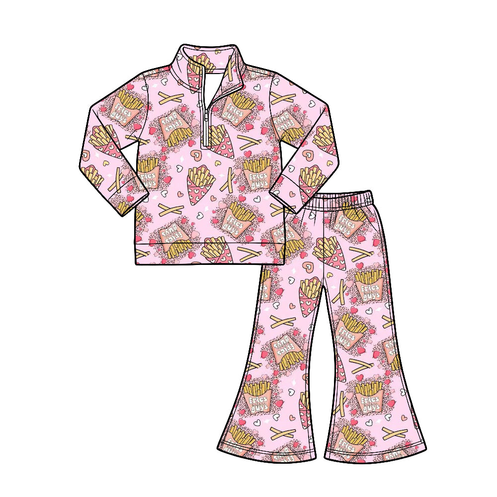 Preorder (moq 5) Baby Girl Clothes Valentine Fries Before Guys Print Long‑sleeve Quarter Zip Top Flare Pants Set