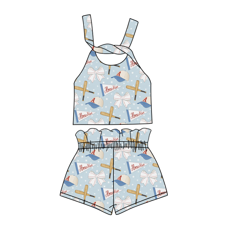 Preorder (moq 5)Baby Girls Baseball Blue Bows Straps Top Shorts Clothes Sets