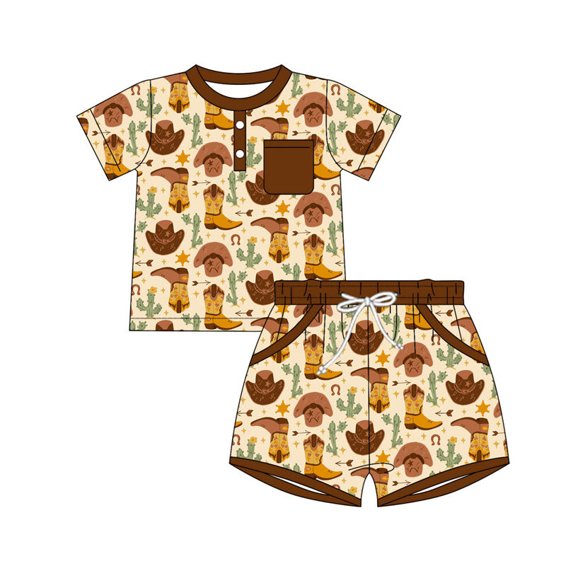 Preorder(moq 5) Baby Boys Cactus Boots Button Top Pocket Shorts Western Clothes Sets