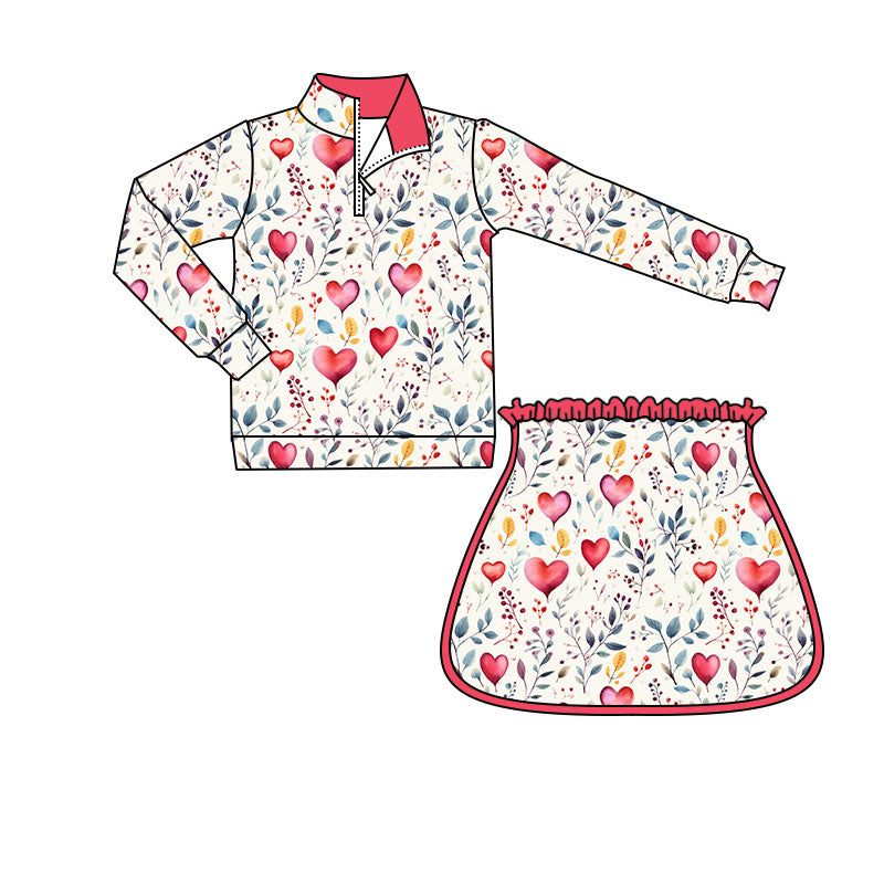 Preorder(moq 5) Baby Girls Long Sleeve Heart Balloons Floral Zipper Pullover Skorts Clothes Sets