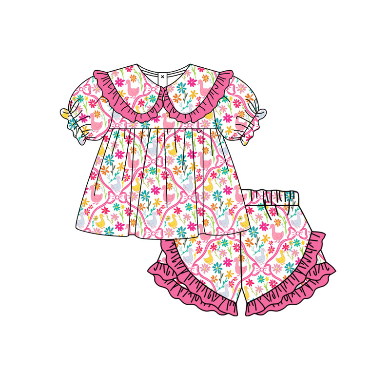 Preorder moq 5 Baby Girls Colorful Flowers Gooses Collar Tunic Ruffle Shorts Clothes Set