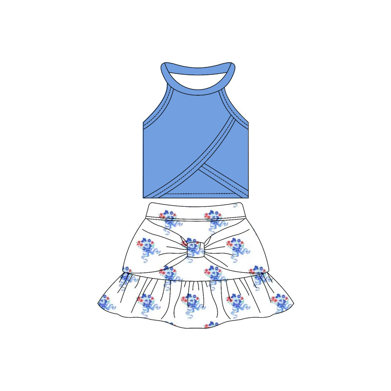 Preorder moq 10 Baby Girls Sleeveless Blue Vest Top Flowers Plaid Bow Ruffle Short Skirts Activity Wear Yoga Set