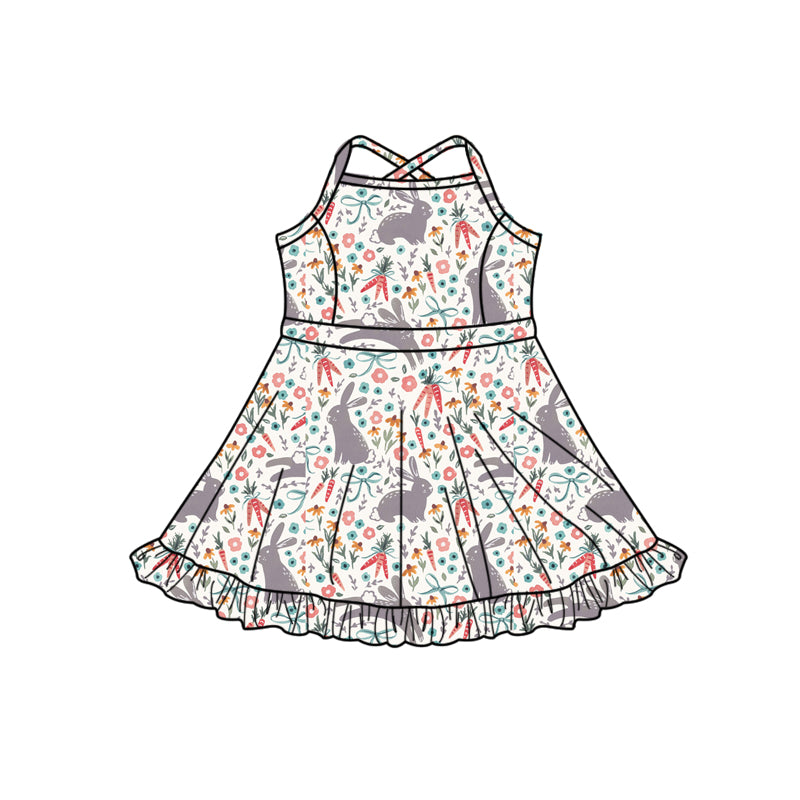 Preorder (moq 5)Baby Girls Strap Rabbits Flowers Easter Ruffle Knee Length Dresses