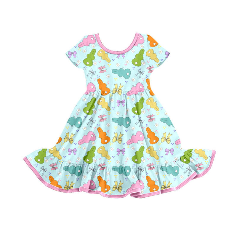 Preorder(moq 8)Baby Girls Colorful Bows Rabbits Ruffle Easter Knee Length Dresses
