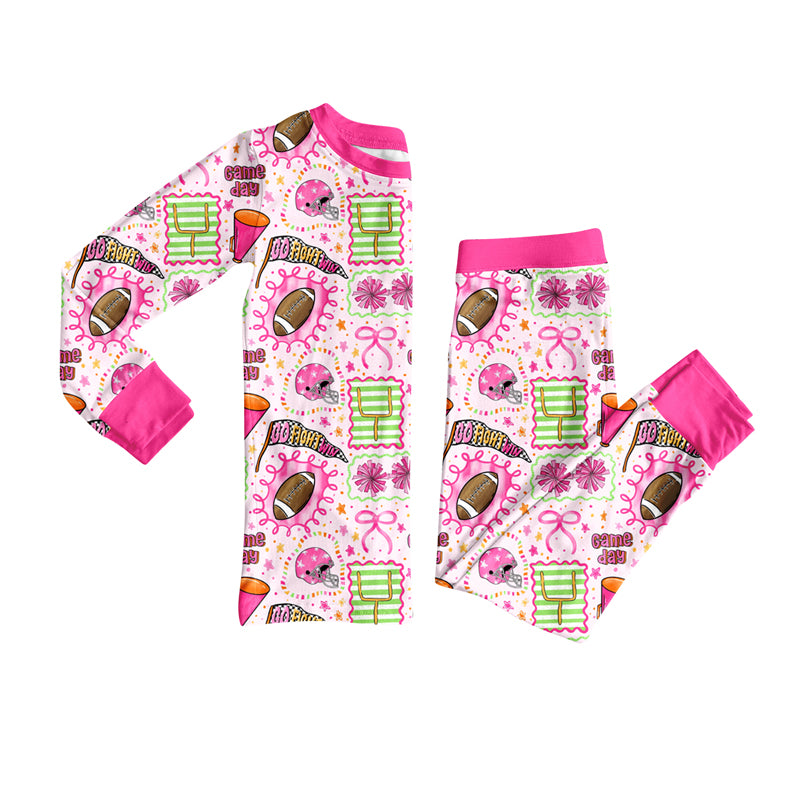 Preorder (moq 5)Baby Girls Long Sleeves Cheer Footballs Plaid Top Pants Pajamas Set