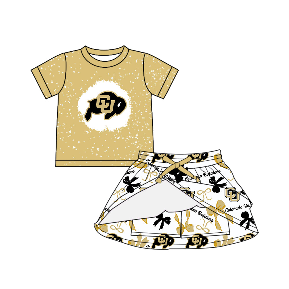 Preorder (moq 5)Baby Girls Short Sleeves Colorado Bufaloes Top Bows Plaid Skort Team Set
